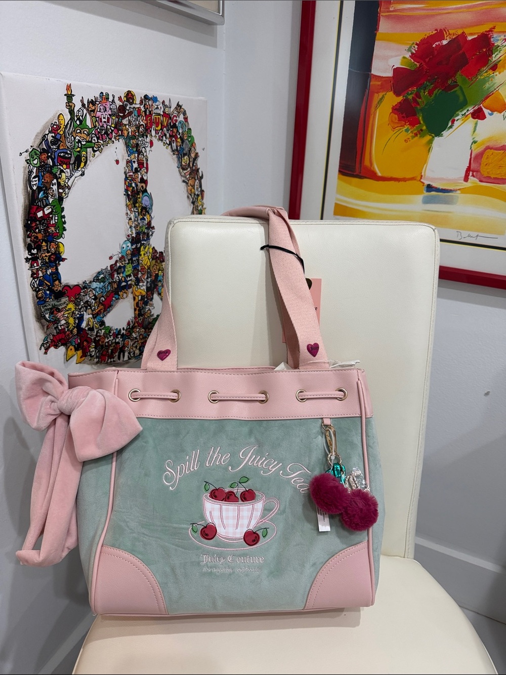 Juicy Couture Pink & Mint 'Spill the Juicy Tea' Tote with Pom Charm